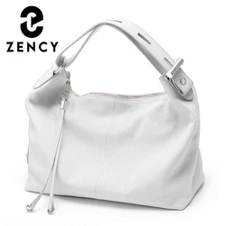 Zency 100% Genuine Leather Large Women Top Handle Shoulder Bag Tote Handbag Purse Black Leather Hobo Bag Underarm Zipper Bags