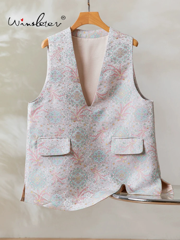 

Winsleter-100%Real Silk Song Brocade Elegant Vest Coat, V Neck Geometry, Women Retro Casual Waistcoat, 2026 Spring New C5D404CC