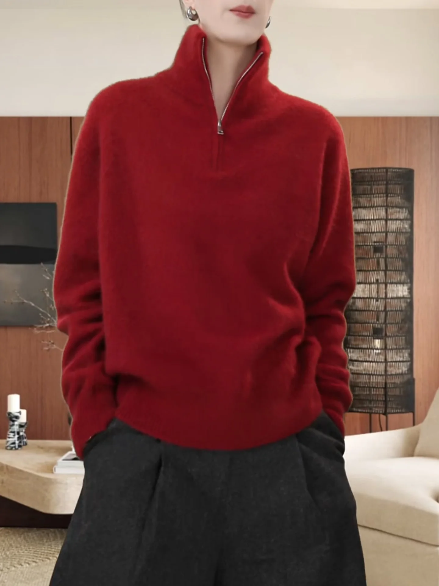 

Red High Collar Zipper Women's Knitwear Casual Versatile Loose Fit Comfortable Korean Sle Long Sve Sweater for Autumn Wi...