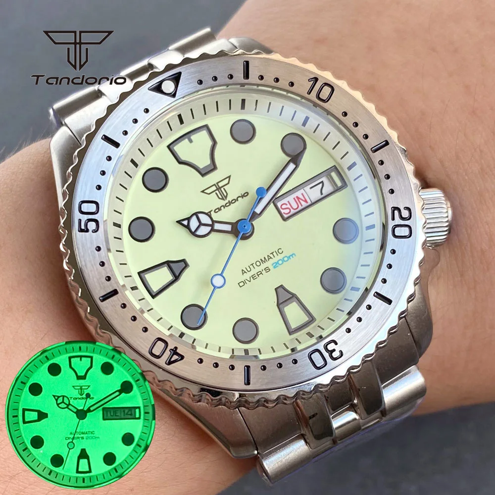 

Tandorio NH36 Men's Mechanical Dive Watch Full Luminous 41mm Automatic Wristwatch 200M Double Date 3.8 Crown Sapphire 120 Clicks