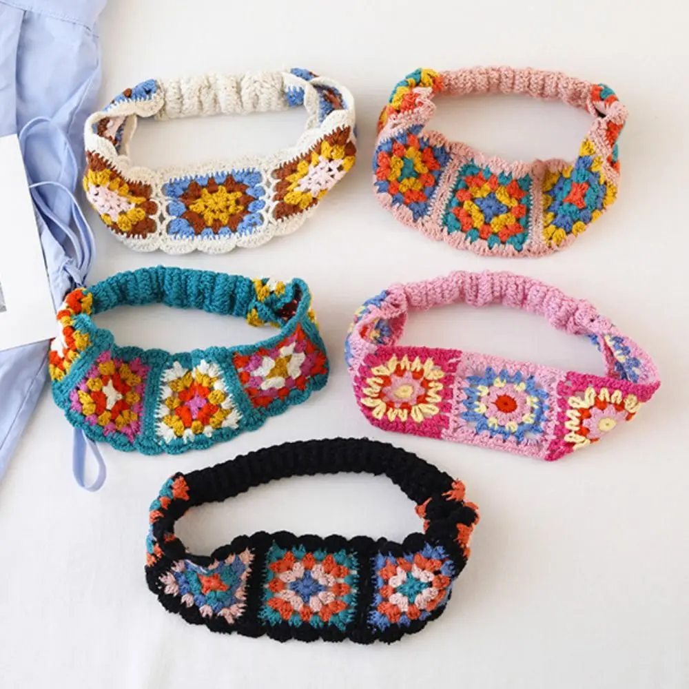 

Вязаная повязка на голову с милым цветком, богемная красочная повязка для волос в этническом стиле, пасторальные аксессуары для волос для девочек, женский шарф для волос, путешествия