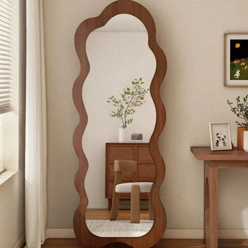 Modern Aesthetic Mirror Decoration Wavy Full Body Girls Aesthetic Long Makeup Mirror Wooden Luxury Espelhos Home Decorations