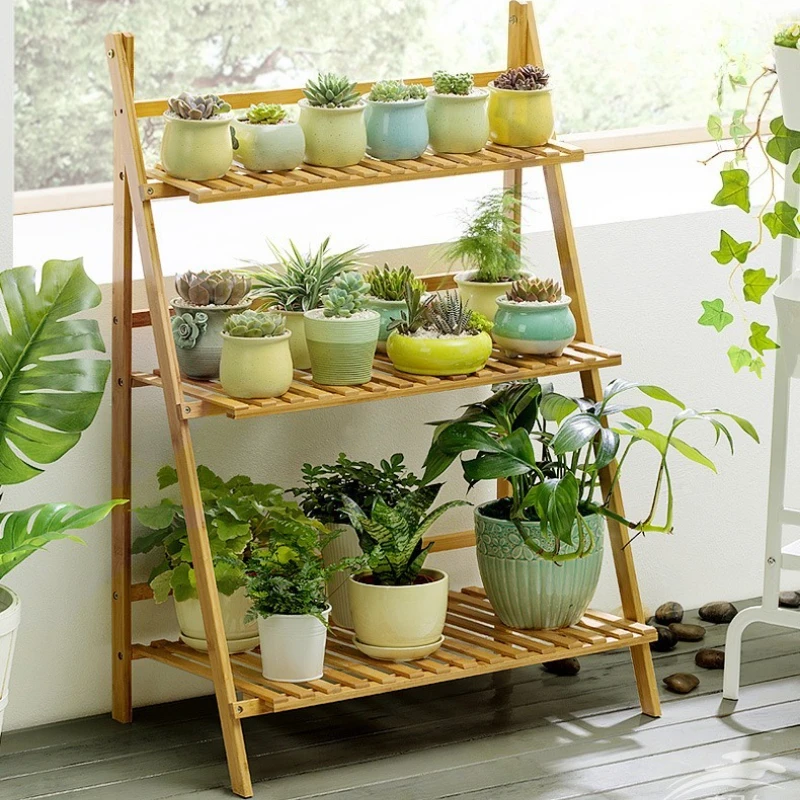 Foldable Bamboo Plant Stand Indoor Flower Shelf Portable Balcony Organizer Modern Living Room Decor Floor Display Rack
