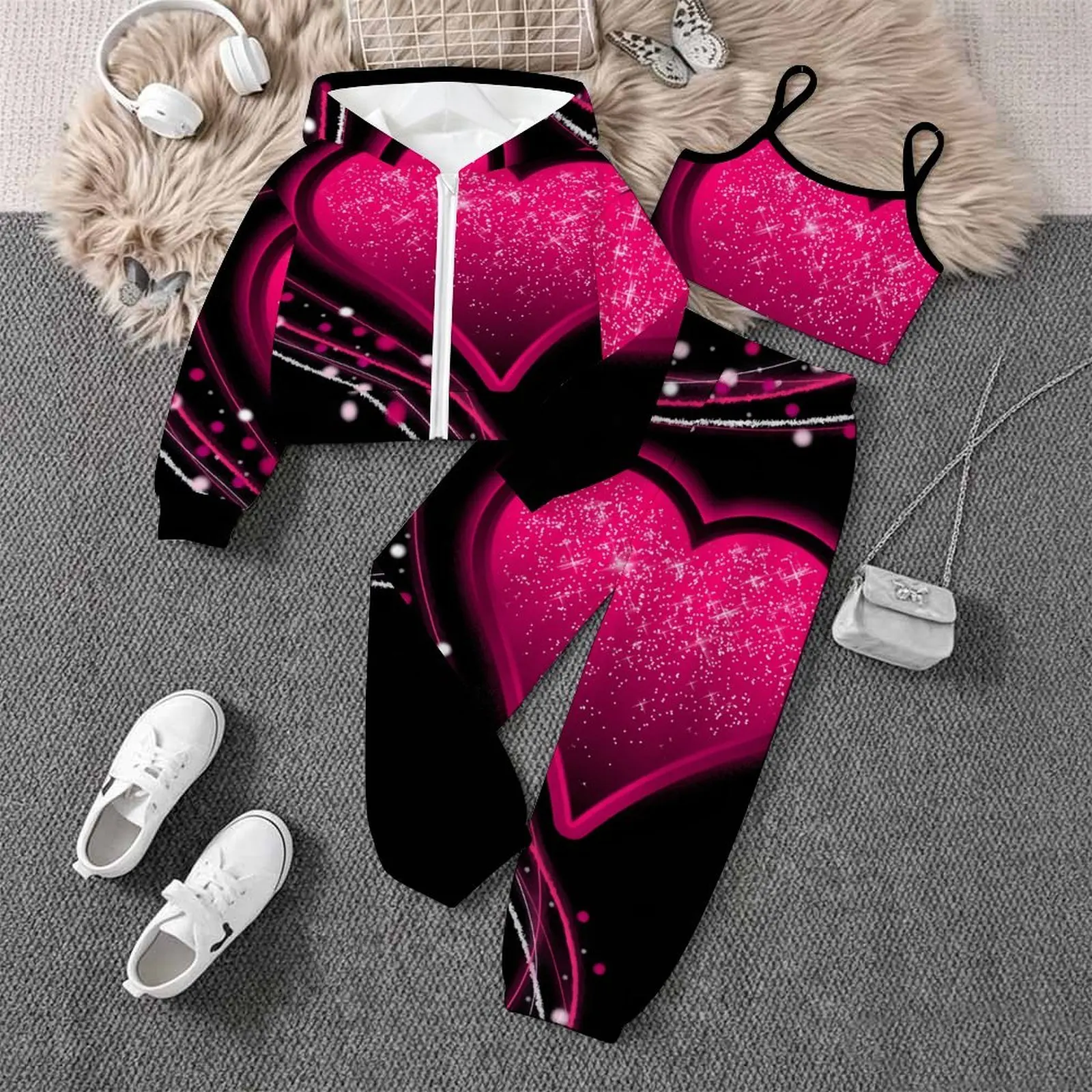 Everyday Vest Daily Pants Children's Jogging Pants Casual Pants Autumn Winter Girls' Printed Three Piece Fashion Coat