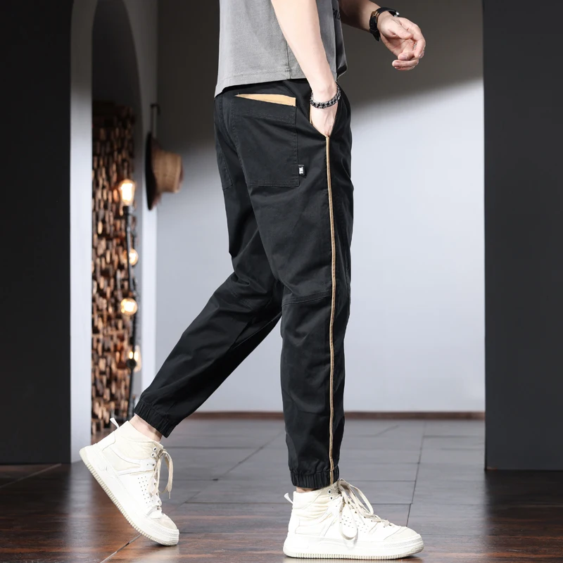 Calça casual masculina listra lateral, algodão preto, elástico na cintura, corredores de cordão, moda verão