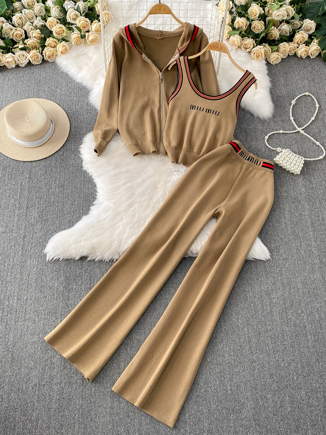 

Three-Piece Suit For Women Sports Set Three Pieces Sets Hooded knitted Pants Sets Full Woman Tracksuit Spring Outfits Woman 2025