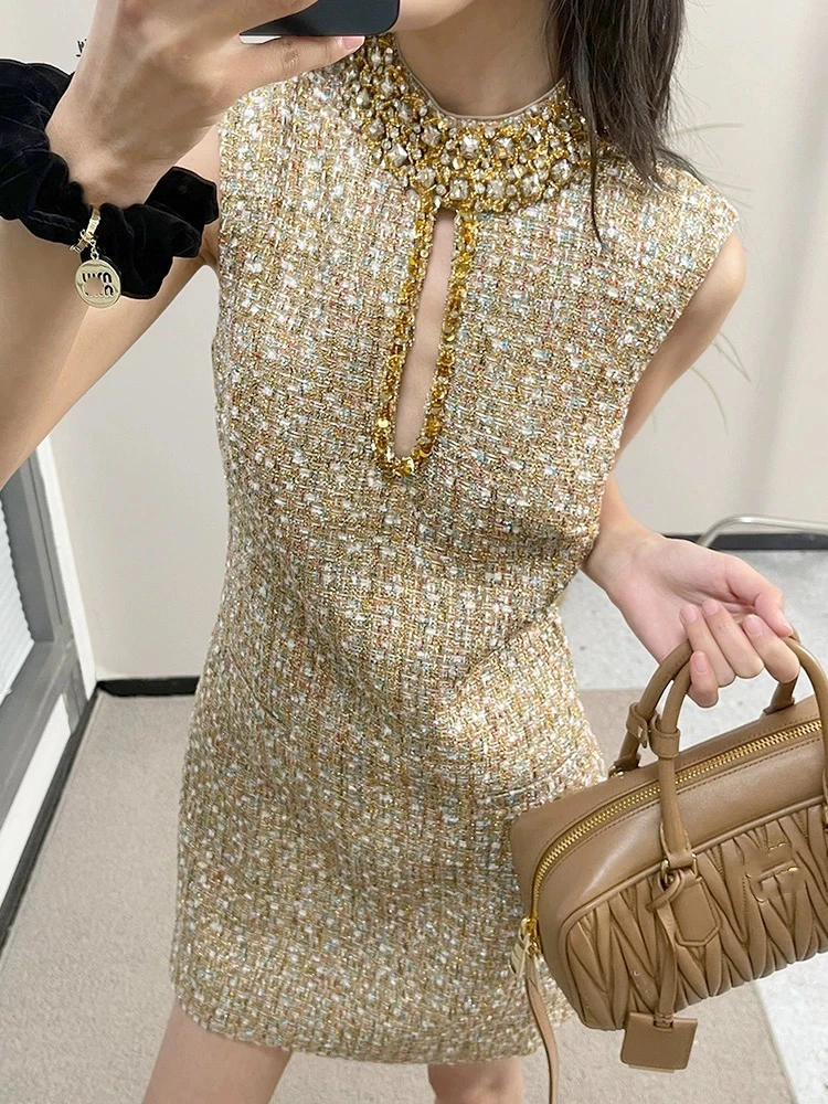 

Ele Design Sensation Vest Skirt Women's Small Fraance Sle Heavy Embellied Diamond Collar Hollow Thiened Woolen Dr