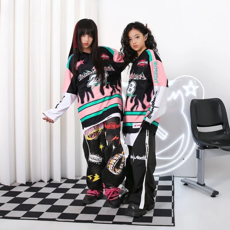 

Girls Hip Hop Street Dance Clothes Long Sleeve Top Black Pants Boys Jazz Dance Performance Costume Kpop Outfits Group Stage Wear