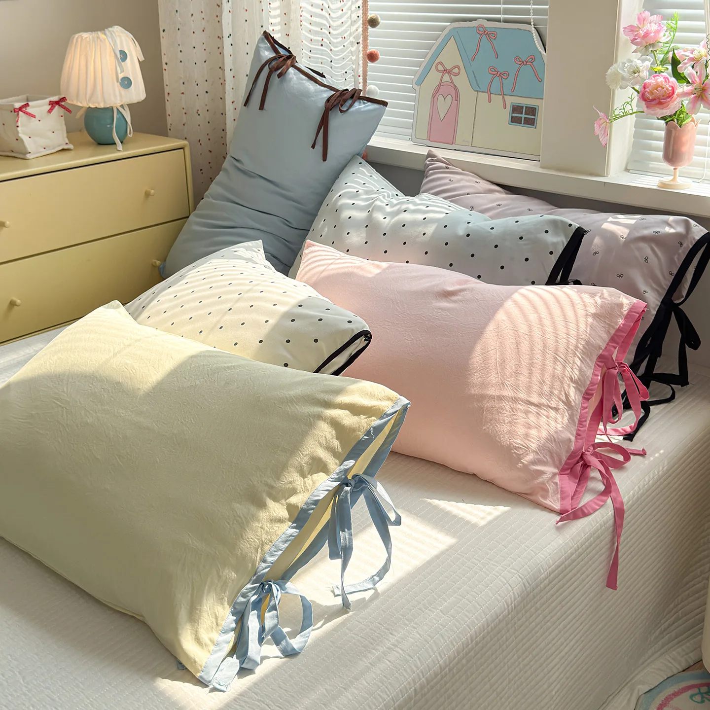 Dopamine Girl  Color Polka Dot  Knot Tied Style Single Person Pillowcase 4874 Washed Cotton Double Person Pillo...