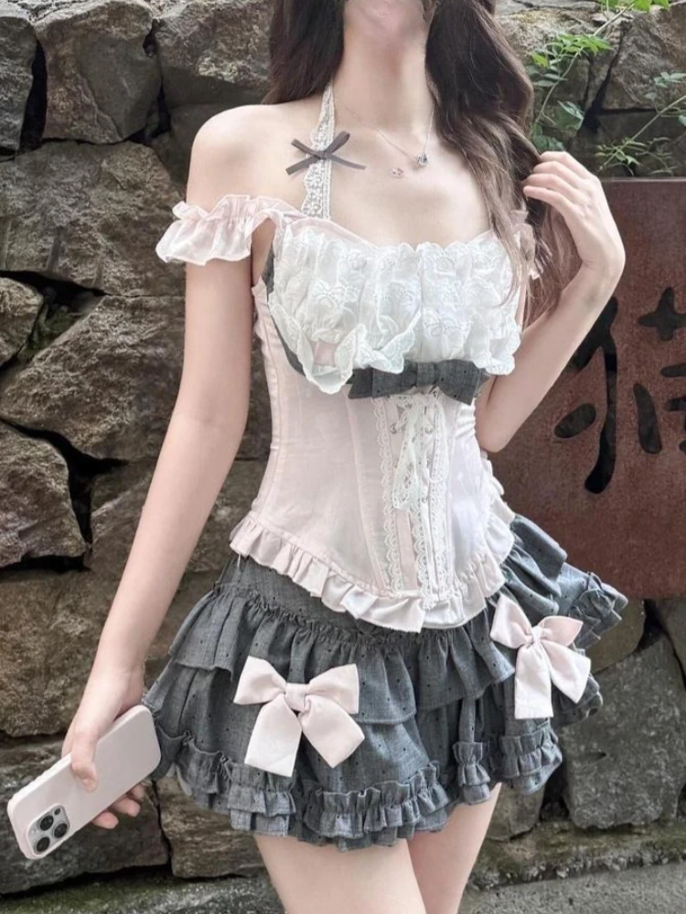 

Summer Sweet Kawaii Lolita 2 Piece Set Women Cut Lace Bow Design Y2k Tops + Cake Skirt Harajuku Korean Streetwear Lovely Outfits