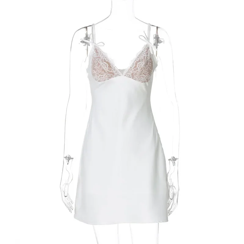 Spitze Splice Sexy Minikleid für Frauen, tiefer V-Ausschnitt, ärmelloses Partykleid, 2025, modisches, schlankes Satinkleid, rückenfrei, solide