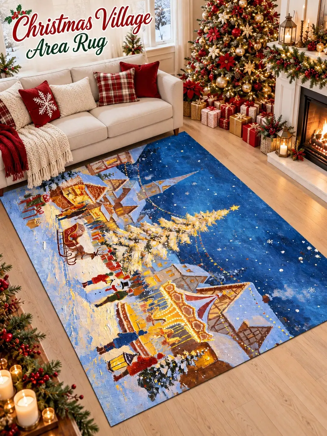 Christmas Rug Village Houses Snowfall Tree Floor Decor Carpet Living Room Bedroom Dining Area Entryway Apartment Cabin Winter Home Accent Beside Sofa Coffee Table Housewarming Birthday Gift for Family Friends Neighbors Homeowners Holiday Celebrations