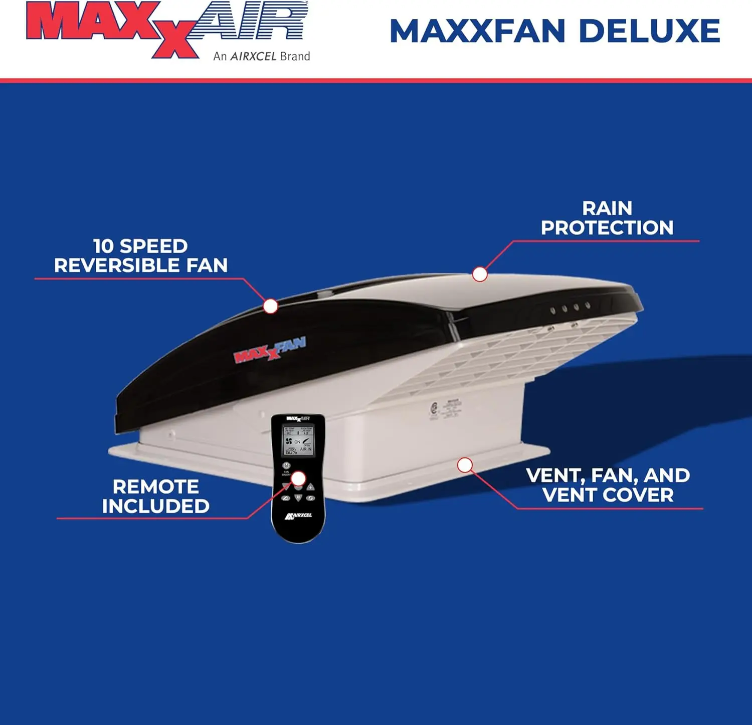 Maxxfan Deluxe Vent, Fan and Vent Cover All in One - Powerful 10-Speed Reversible Fan with Thermostat, Built-in Rain Cover, Remo