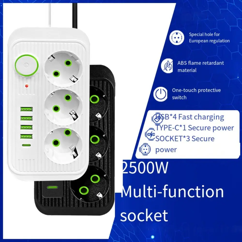 2m Extension Cord EU Outlet Power Strip 3-Outlets Independent Switch Extended USB Socket 4 USB Ports Power Button Safe