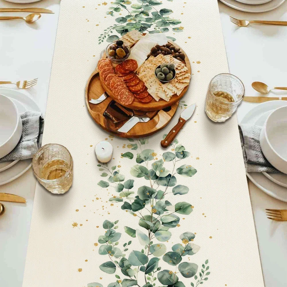1pc Eukalyptus Blatt Tisch Läufer Frühling Grün Eukalyptus Blatt Muster Tisch Dekor Willkommen Tinte Tisch Läufer Schränke Wohnkultur