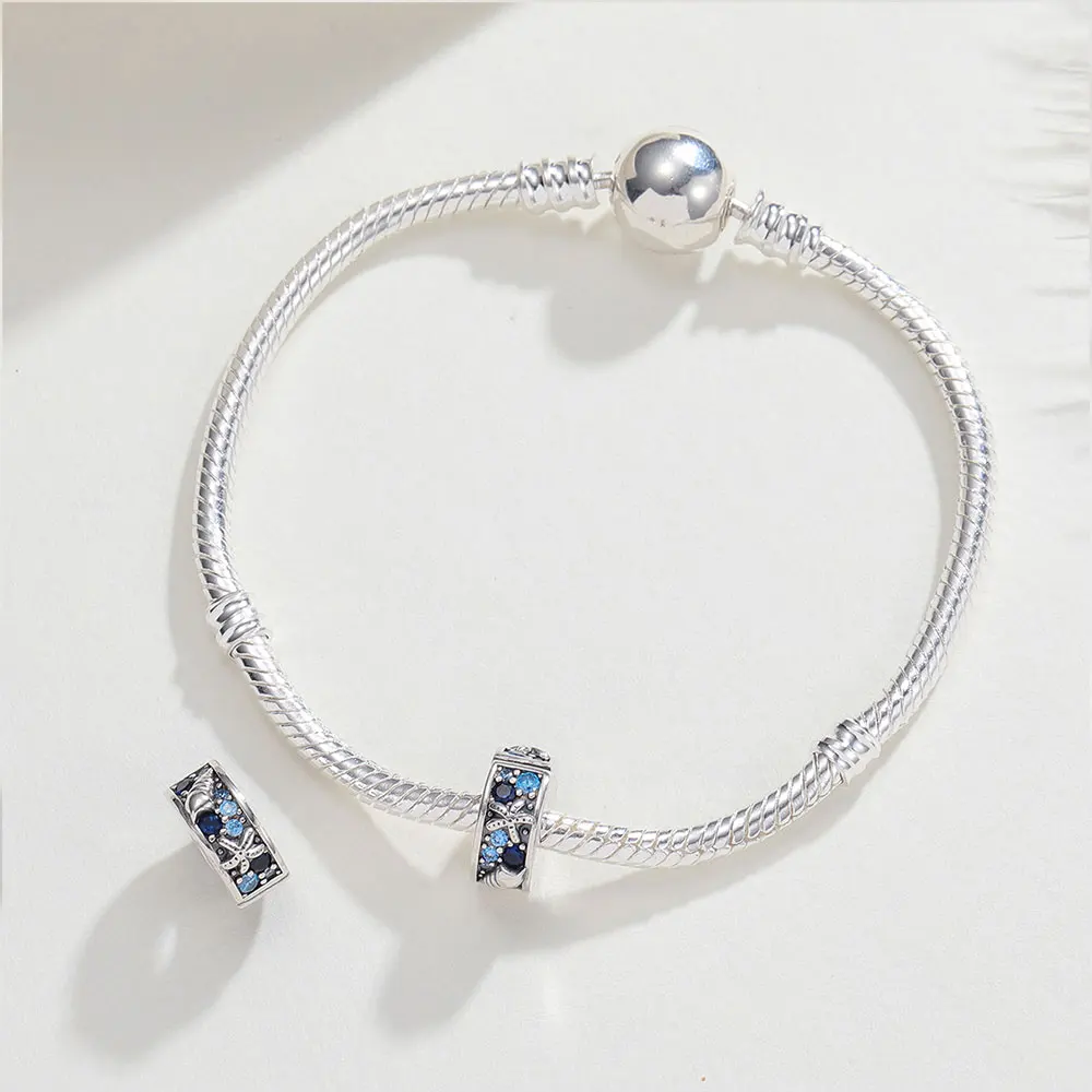 925 Sterling Silver Ocean Pearl Charm Monstera Starfish Shell Beads Blue Crystal Charm Fit Bracelet Beach Jewelry Gift For Women