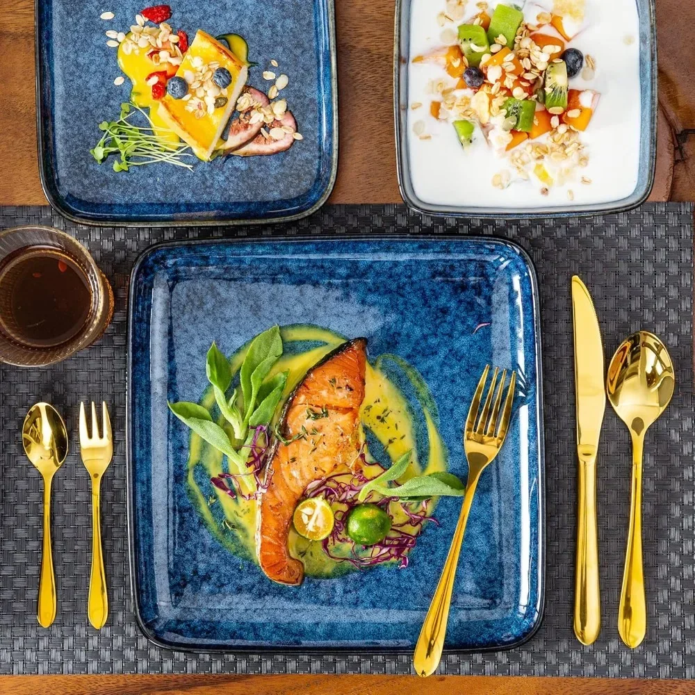 

Stern Blue Dinner Set Square Reactive Glaze Tableware 16 Pieces Kitchen Dinnerware Stoneware Crockery Set with Dinner Plate