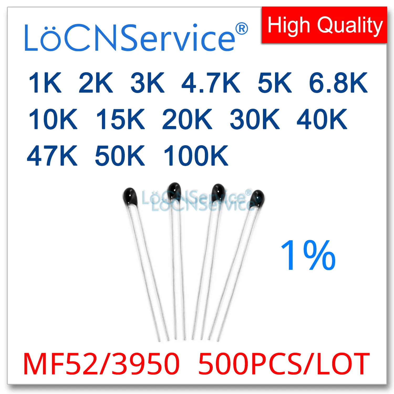 500PCS NTC Thermistor Thermal Resistor MF52 NTC-MF52AT 1K 2K 3K 4.7K 5K 6.8K 10K 15K 20K 30K 40K 47K 50K 100K 1% 3950 Ohm R