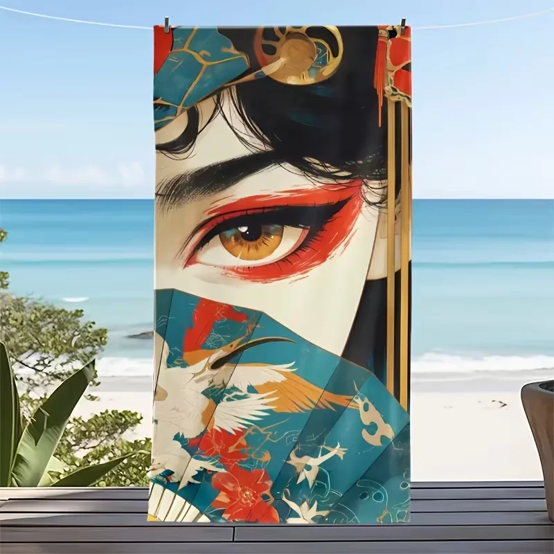 Traditional Geisha Print Beach Towel Vintage Kimono Koi Fish Floral Art Design Beach Blanket Soft Quick Dry Sand Resistant Towel view 2
