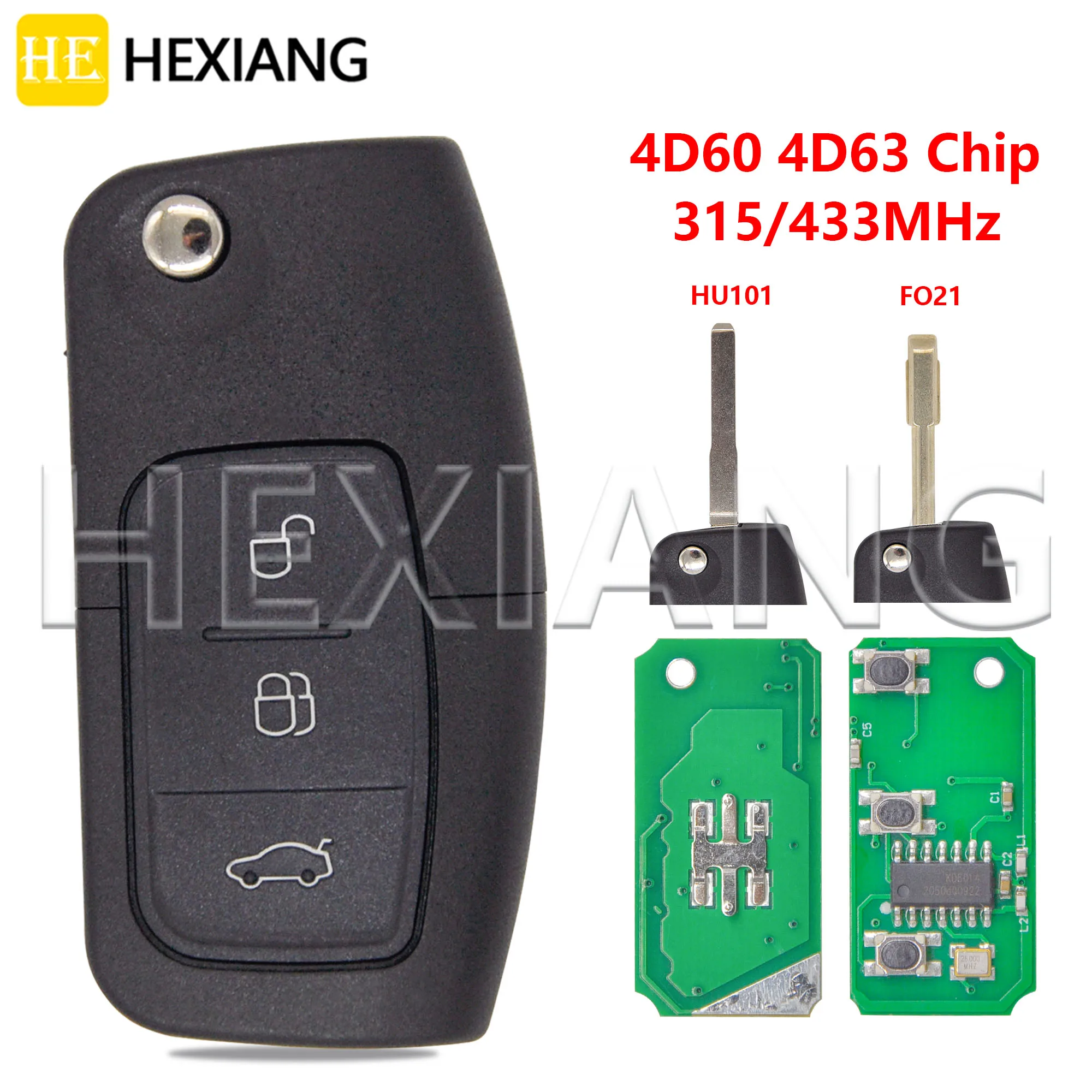 HE 4D60/4D63 315/433MHz HU101/FO21 Blade Car Remote Control Flip Key For Ford Focus Fusion Transit Mondeo Fiesta Galaxy