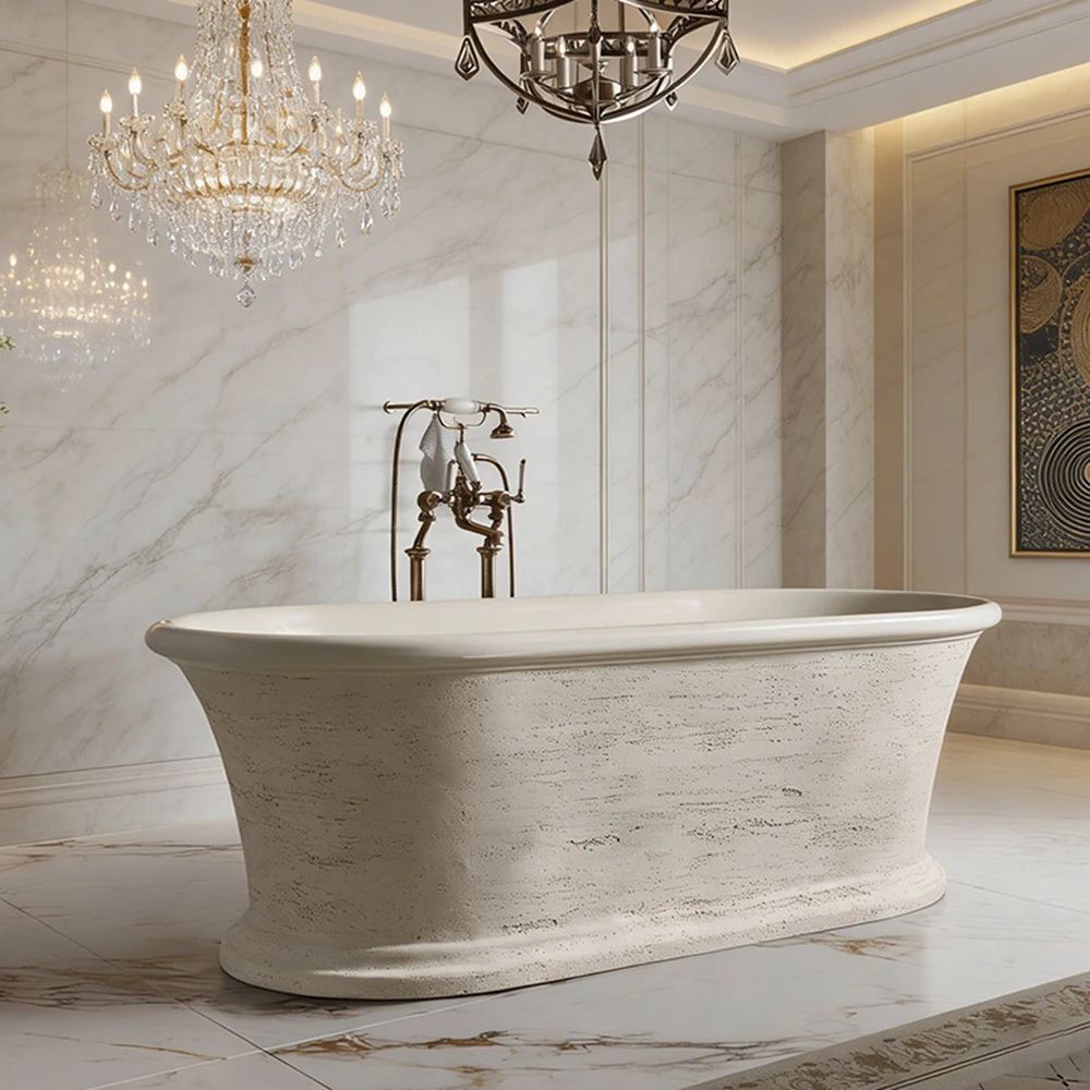 1700mm French Skirted Oval Blue Grey Travertine Freestanding Bathtub for Home Hotel B&B Couple Use RS030B