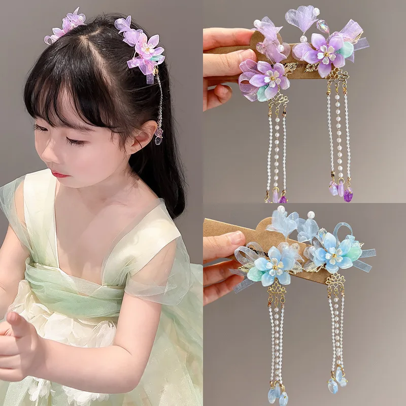 Hanfu Headwear for Girls and Children Ancient Flowers Sweet Tassel Hairpin for Little Girls Hair Card Headwear for Girls