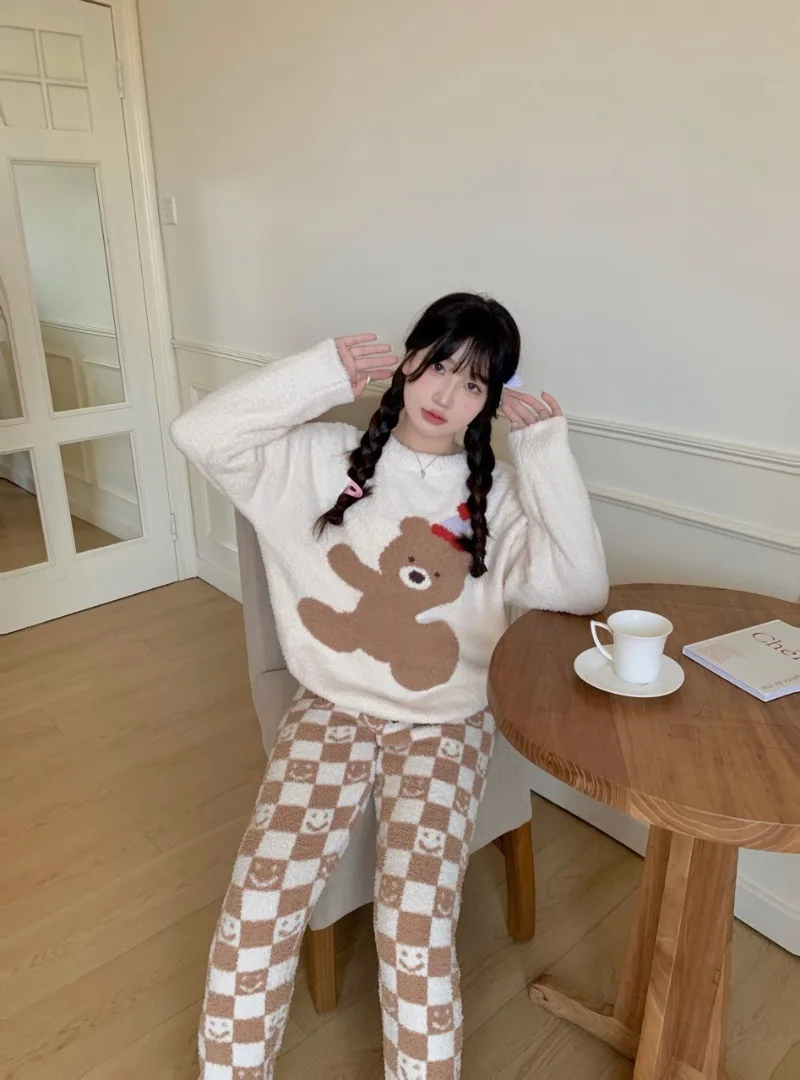 Weiche bequeme Plüsch Herbst Winter Pyjamas Kawaii Bär Langarmhose Homewear lässige Outdoor Nachtwäsche Frauen Anzug