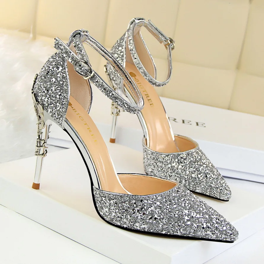 

Style Fashion Sexy Hollow Out Nightclub Metal Heel Shining Sequin Slim Sandals Women Pumps Shoes Woman High Heels