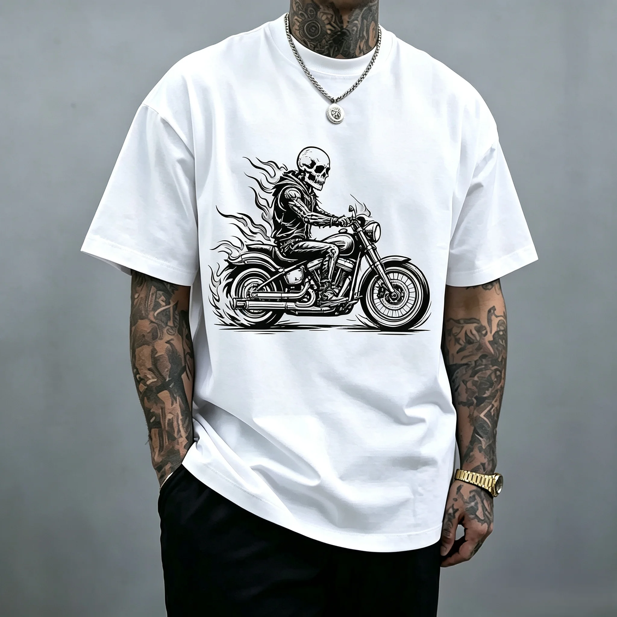 Men Women Unisex Gothic Skeleton Motorcycle Biker T‑Shirt Flame Skull Rider Graphic Tee Casual Short Sleeve Streetwear Cotton Tops