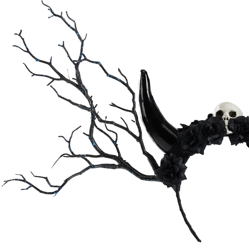 Women Halloween Hairband Cosplay Tree Branch Horns Headband Gothic Retro Black Flowers Skull Headwear Party Hair Accessories