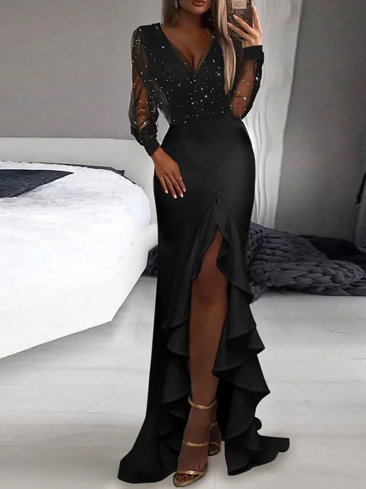 

Mermaid Swing Prom Dresses Long Sleeve Pure Color Split Winter Fall Spring V Neck Slim Evening Party Gown