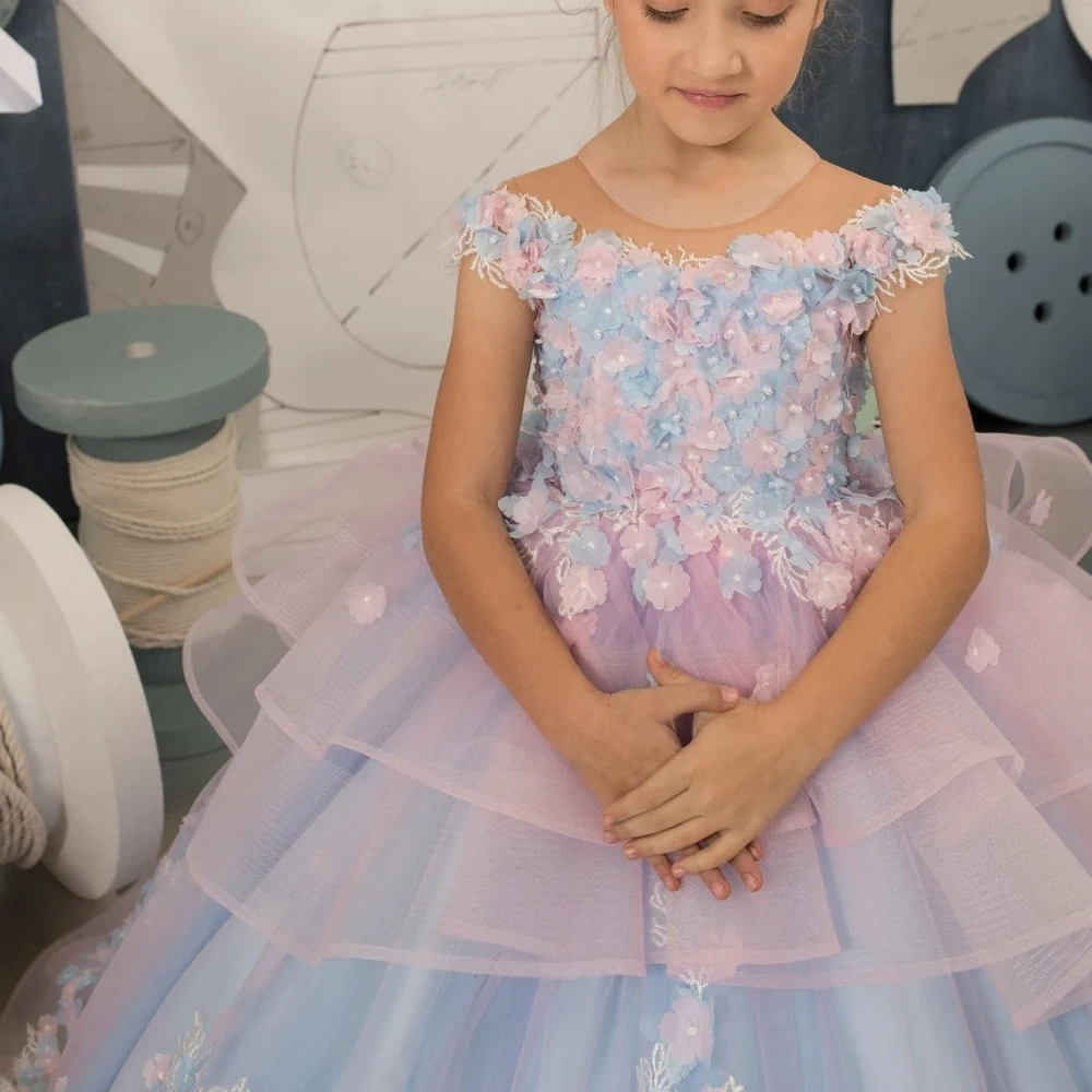 Lorencia Pink Blue Flower Girl Dress For Wedding Princess Floral Appliques Tiered Kids Holy Birthday Party Pageant Gown YFD021