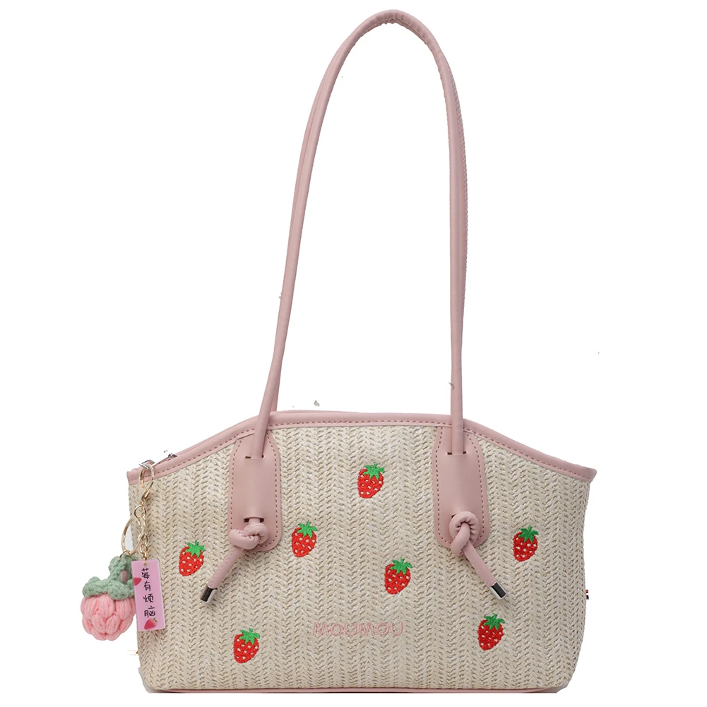 Bolsa de palha de morango com zíper para mulheres e meninas, bolsa axilas, bolsa de férias, fofa, verão