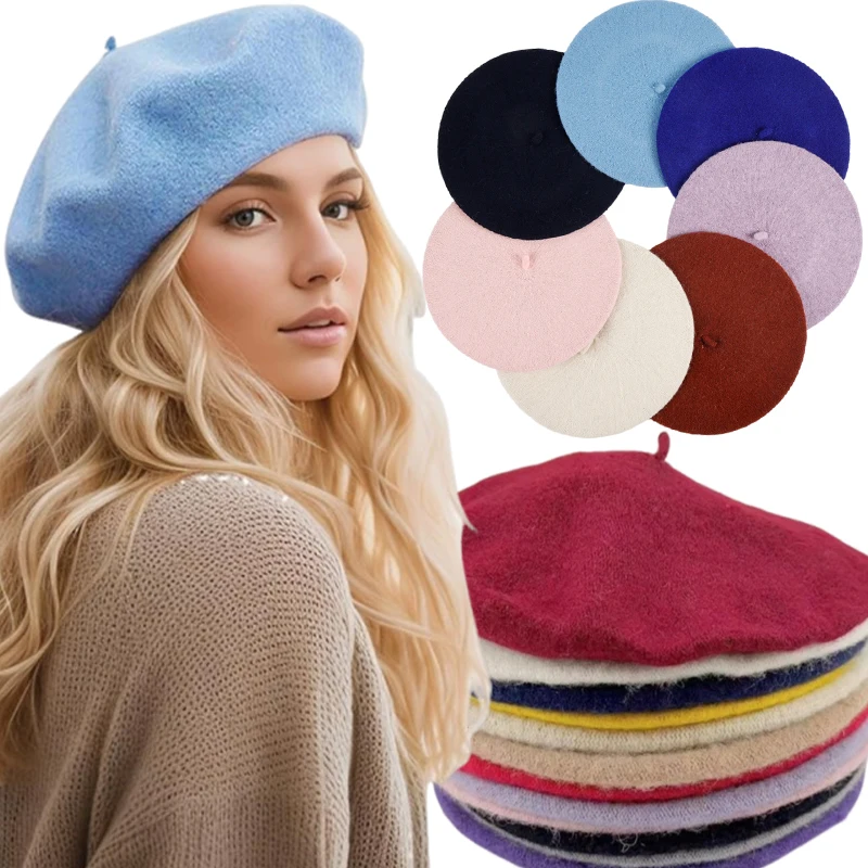 

Women Colorful Wool Berets French Artist Style Warm Winter Hat Retro Plain Beret Solid Color Elegant Lady All Matched Autumn Cap