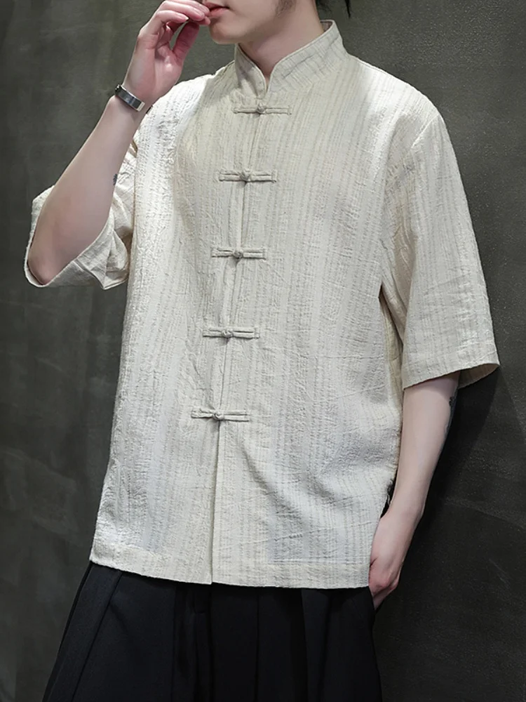 

Льняная рубашка с коротким рукавом мужская летняя в полоску, новый китайский стиль, на пуговицах, из хлопка и льна, в стиле Тан, Ханьфу, тонкая, дышащая, молодежная