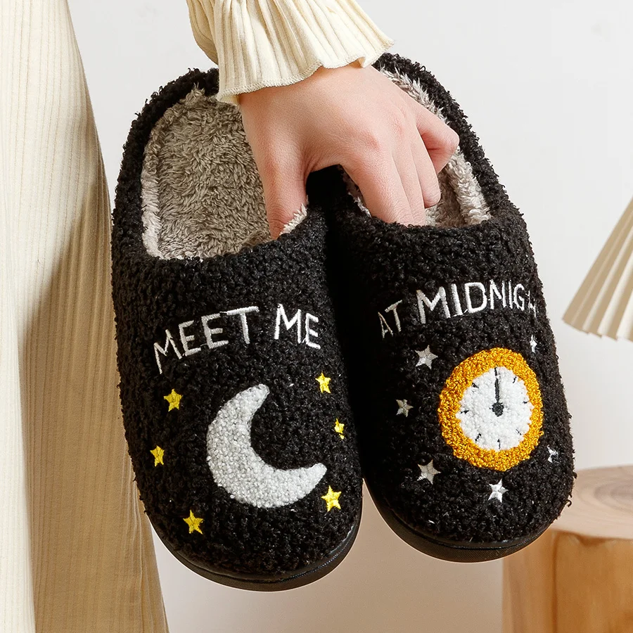 Fashion Winter Slippers Midnight Women Moon and Clock Indoor Home Warm Casual Exquisite Soft Sole Flat Cotton Houseshoes