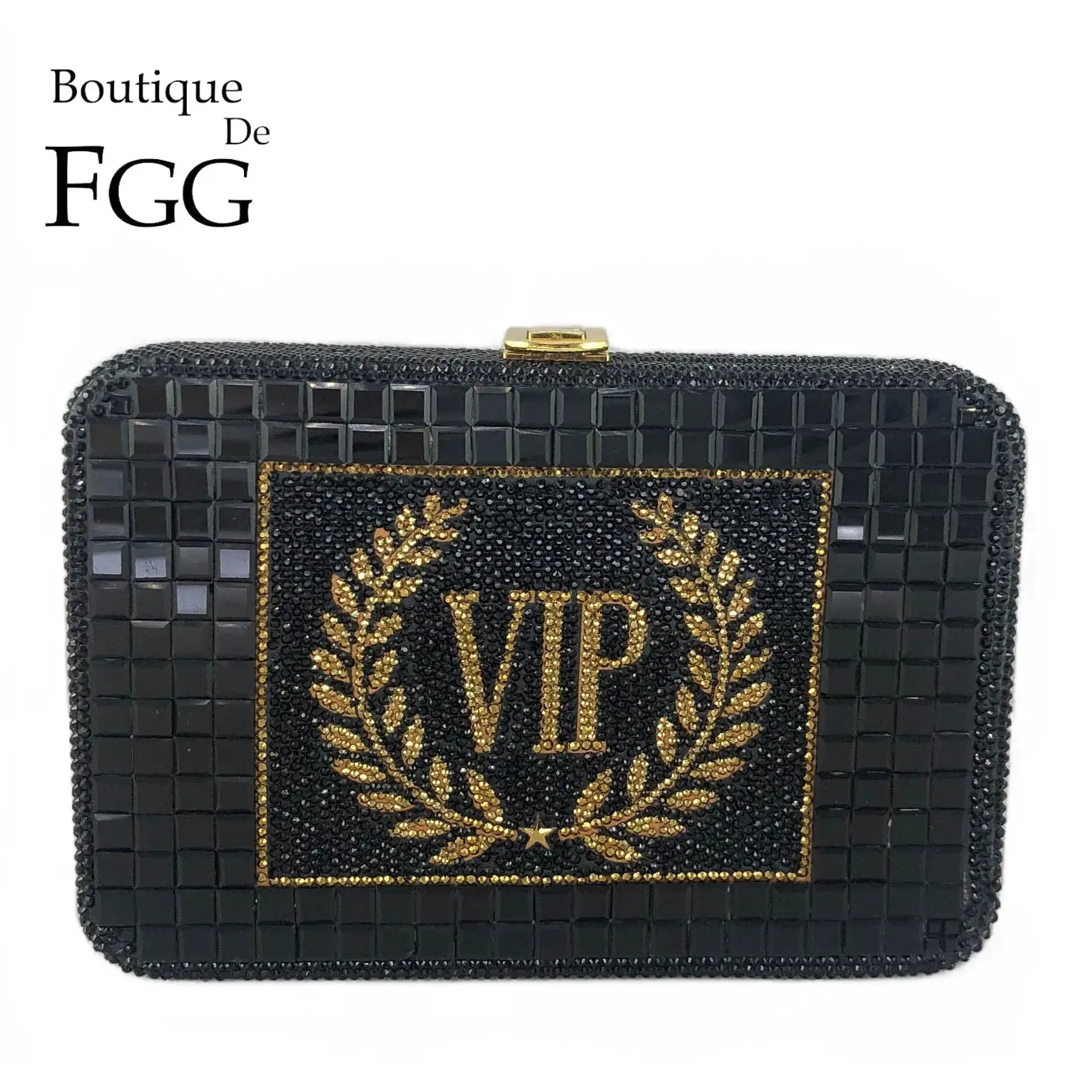 

Boutique De FGG Black VIP Card Women Evening Bags Formal Party Cystal Clutch Purse Wedding Prom Rhinestone Clutch Bag, Mini