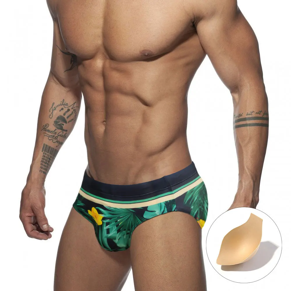 

Men's trend printed triangle swimming pants green leaf yellow flower with cup three-dimensional pocket briefs