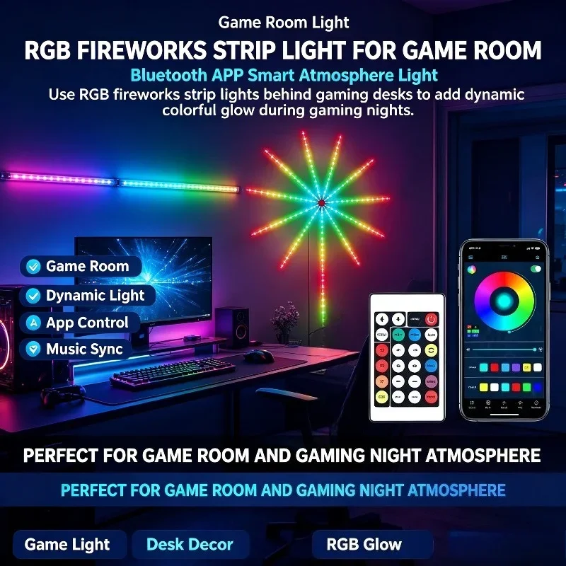 USB RGB Fireworks Strip LED Bluetooth APP Control Smart Light Sync Music Suitable for Bedroom Decoration Atmosphere Light Strip