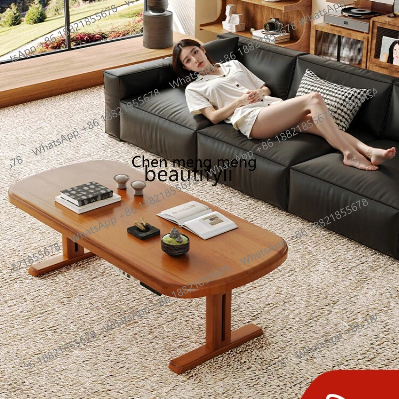 E153 Solid wood movable lifting coffee table dining table dual-purpose two-in-one electric medium-ancient style living room