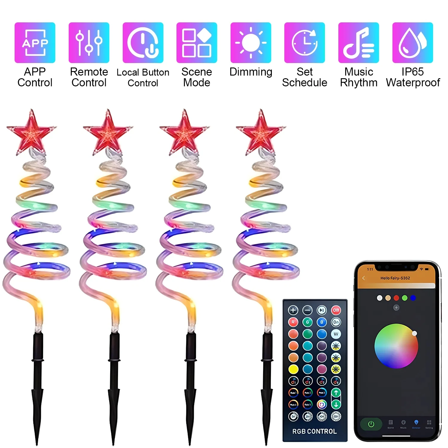 

RGB Spiral Christmas Tree Lights APP Remote Control LED Pathway Landscape Stake Lights for Garden Pathway Xmas Party Decoration