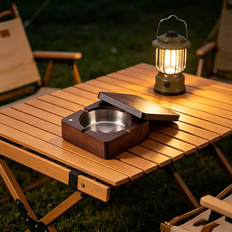 

Square Wooden Ashtray with Lid Windproof Detachable Stainless Steel Liner for Home Office Bar Outdoor Camping Gift for Men Decor