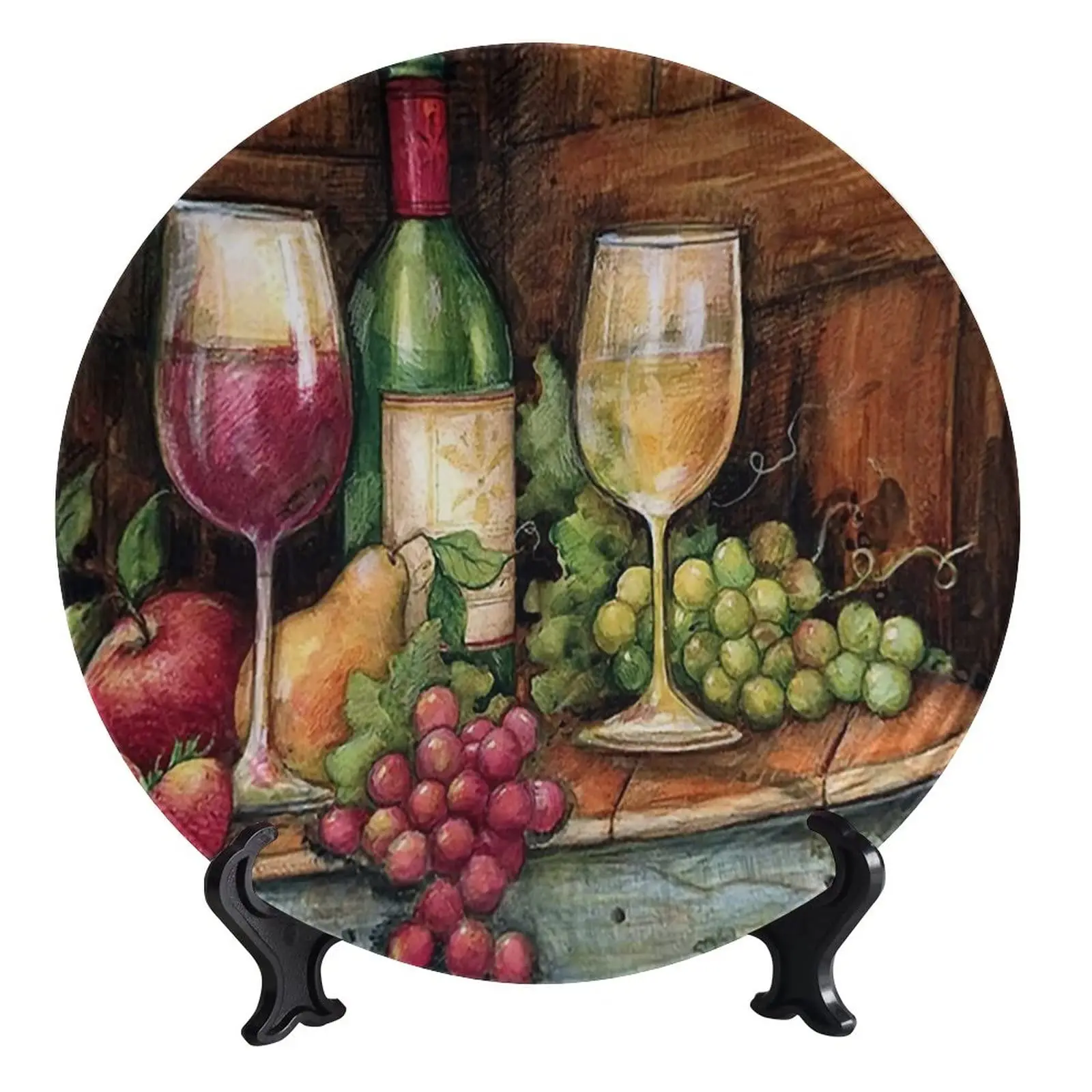 

Still Life Fruit Ceramic Hanging Decorative Plate, Red Wine Grapes with Stand Dish for Table Accessory Decor Display Wall Home