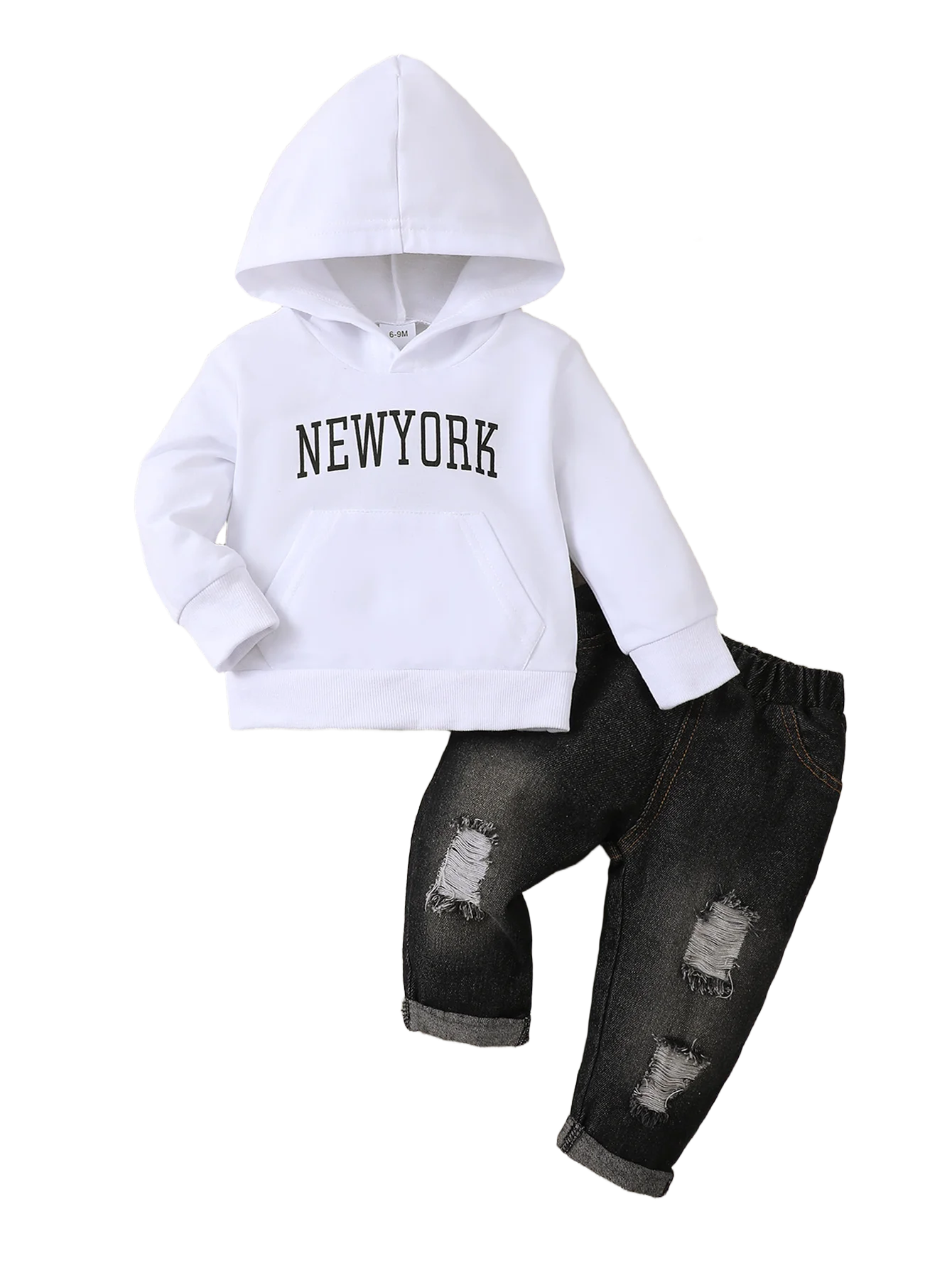 

Комплект для младенцев: худи с длинным рукавом и джинсы с дырками, белый, из хлопка, повседневная одежда