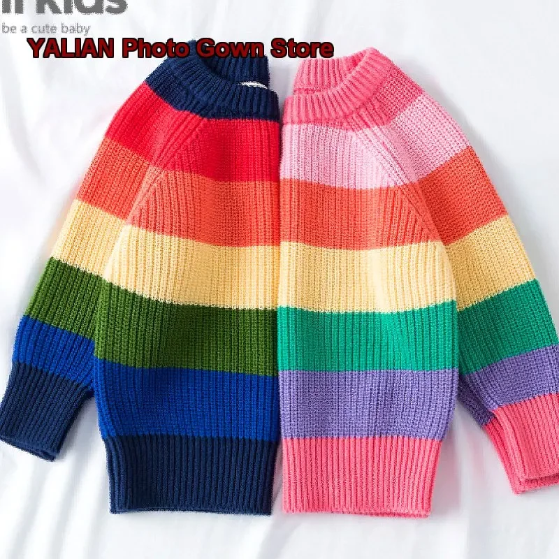 Kindergarten Autumn Winter Kids Pure Cotton Boys Girls Rainbow Striped Knit Top 1-6 Years Siblings