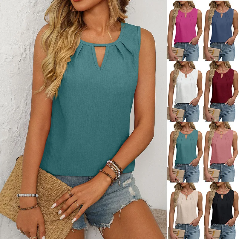 

2025 Spring and Summer New Solid Color Round Neck Sleeveless Casual Short-sleeved Vest T-shirt Women's