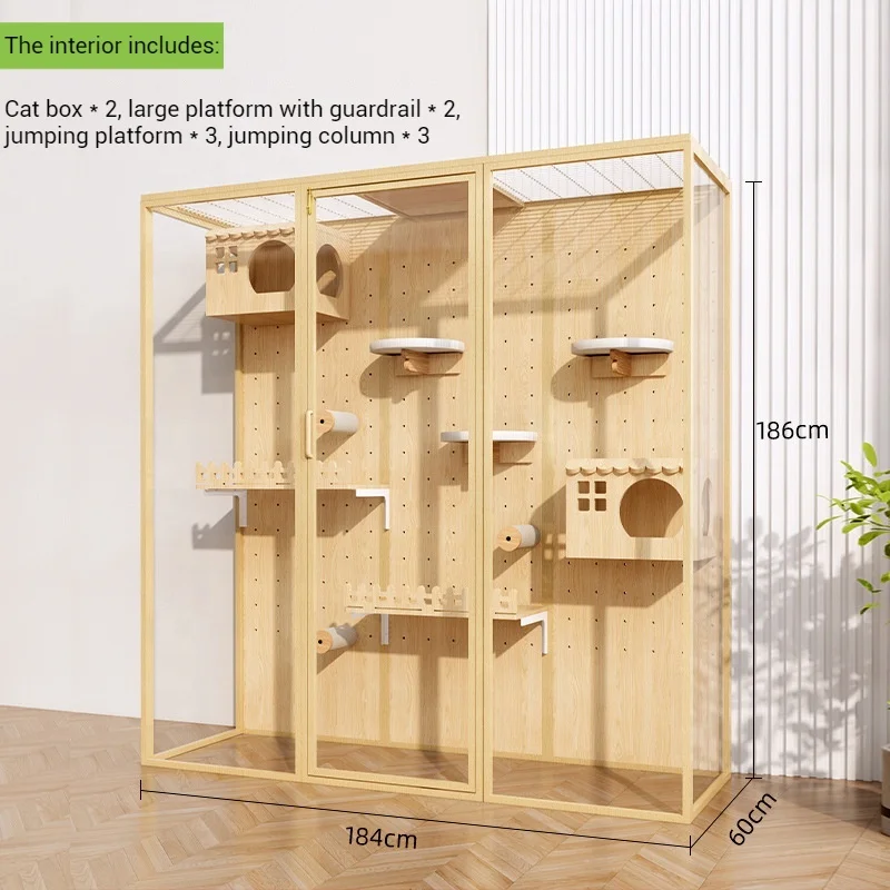

Large Modern Wood Cat Cage Villa with Spacious Glass Balcony Luxurious Indoor Pet Room with House Cabinet Nest Style Cat House