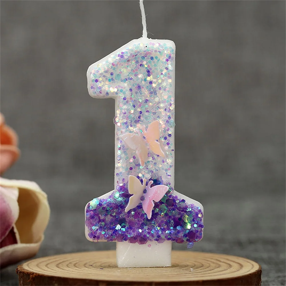 1pcs Purple Glitter Butterfly Theme Candle 0-9 Number Cake Topper Wedding Decor Baby Shower Kid Birthday Party Decor