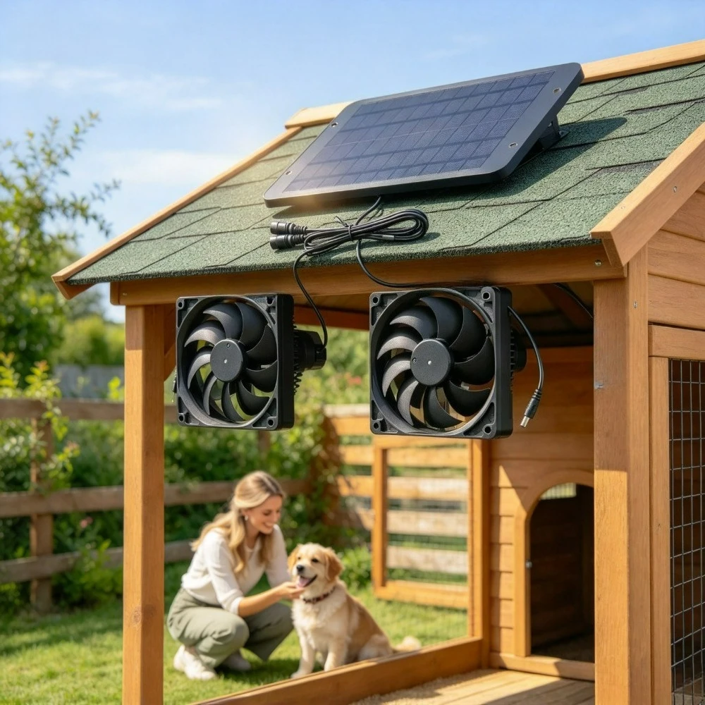 Solar Double Air Circulation Fan Kit 10W 15W Waterproof Solar Powered Cooler for Dog Kennel Chicken Coop Greenhouse RV Camper