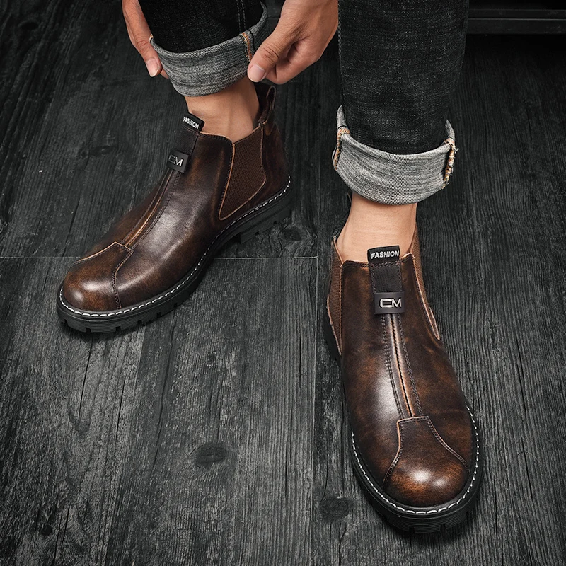 رجل عالية الجودة الأحذية الجلدية حذاء من الجلد للرجل جديد أحذية مصممين الرجال دراجة نارية التمهيد موضة أحذية تشيلسي عادية بوتاس Hombre #3